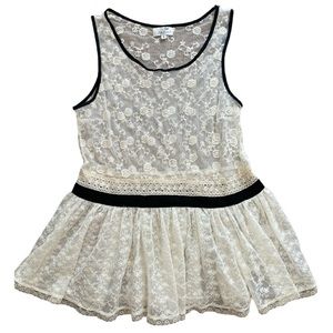 Ivory & Black Crochet & Lace Ruffle Peplum Blouse